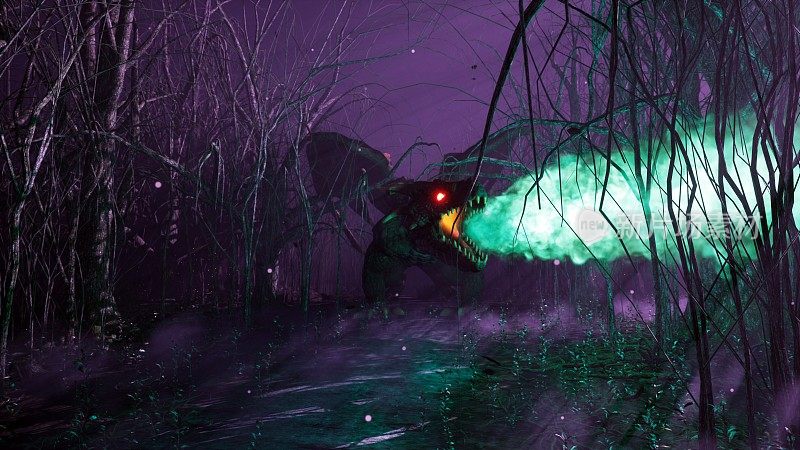 黑暗神秘的迷雾森林里的一条神奇的龙。一个童话般的可怕森林，高大的树木和浓雾。3 d渲染。